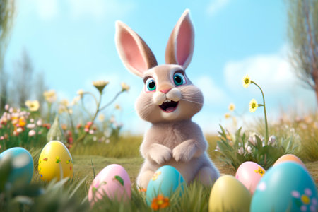 Easter. Cute bunny and easter egg on spring background. Concept and idea of happy easter day. Template for puzzle, cover, advertising.の素材
