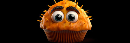 Horizontal banner with Cute muffin. Tasty cupcake with a cute face. Cake Day. Cheeky header for website, menu for children, shopの素材