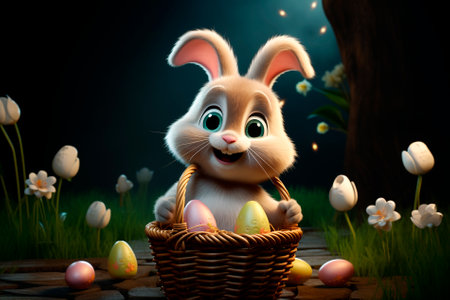 Easter bunny with basket. Adorable rabbit toy and colorful painted easter eggs in evening on pathの素材