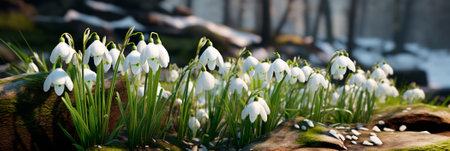 Banner with spring flowers. Blooming white snowdrops. Spring is coming. Crisp Air and Nature Walks. Header for website, advertisement, article.の素材