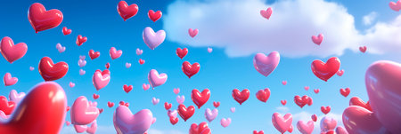 Hearts against the sky. Banner. Heart-shaped balloons fly up on sky background. Holiday celebration.の素材