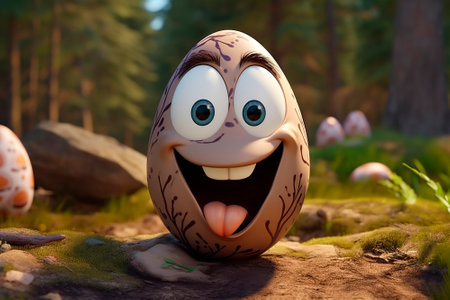 Easter Egg Hunt. Cheerful egg with smile and a pattern is hidden in the forest among other eggs. Traditional fun for children and adults on Easter Sunday.の素材