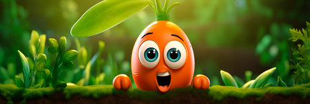 Banner with Carrot. Ripe orange carrots on the farm. International Carrot Day. Vegetable character for children's book, game, cover, packaging. Vitamin A. Healthy eating, Organic food.の素材