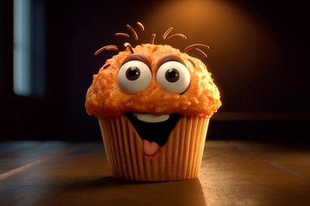 Delicious vanilla muffin with cute face. Gourmet Cupcake with a cute face. Creative food composition. Delightful template for children menu, puzzle, confectioneryの素材