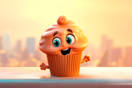 Funny cupcake. Smiling cartoon muffin. International Cake Day. Flavor Varieties concept. Delightful template for children menu, puzzle, bakeryの素材