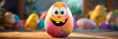 Easter banner. Preparation and celebration of Happy Easter. Funny egg with flower pattern and cute smiling face.の素材