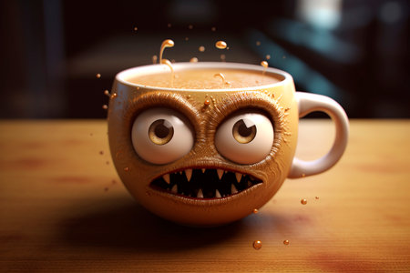 Difficult day. Funny cartoon angry cup of hot americano coffee. Concept of fatigue, depression, stress, business problems.の素材