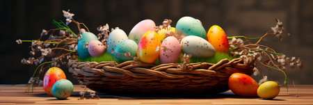 Easter banner. Traditional basket with colorful eggs. Concept and idea of happy easter day. Header for website, cover, advertising.の素材