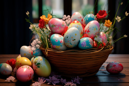 Easter. Traditional basket with colorful eggs. Selective focus. Concept and idea of happy easter day. Template for puzzle, cover, advertising. Selective focus.の素材