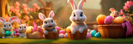 Easter Banner with funny rabbits among eggs and baskets in the garden.の素材