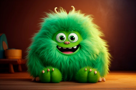 Funny fluffy character on dark background. Smiling green monster sitting in children's roomの素材
