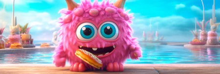 Banner with Funny baby monster with cookies. Cute pink chubby character eating sweet treat. National Donut Day or Fat Thursday. header for cover, menu, signboard, bakery, advertisingの素材