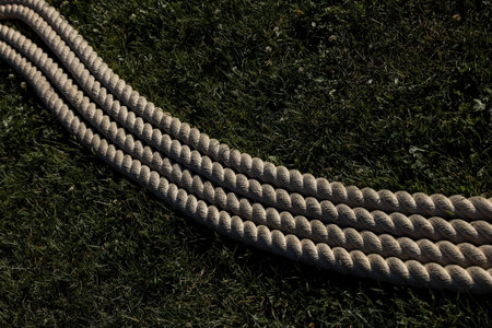 Coiled roll of rope arranged on grass ground