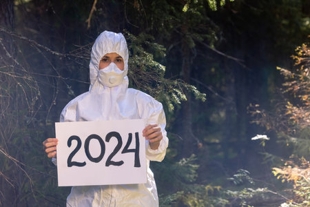 NEW YEAR 2024 - white paper plate with the inscription - 2024 year. Doctor in a white anti-epidemic...
