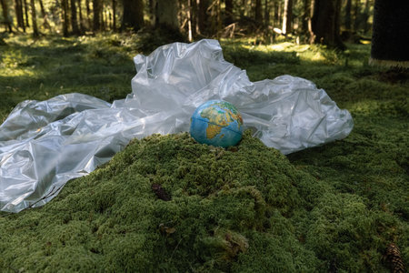 globe and plastic film green forest, Pollution of the environment. The problem of recycling plastic....