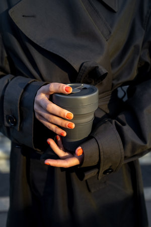 Female hands hold reusable coffee mug. Sustainable lifestyle. Eco friendly concept.