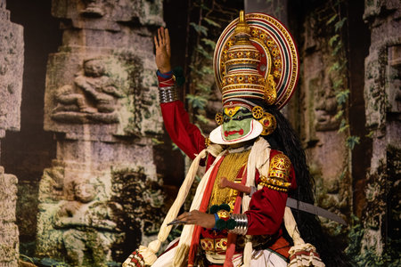 KOCHI, INDIA - JANUARY 28, 2023: Pacha vesham (Green) in Kathakali dance representing the image of a...