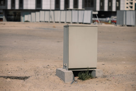 Gray metallic box with supplies at the construction site. iron container.の写真素材