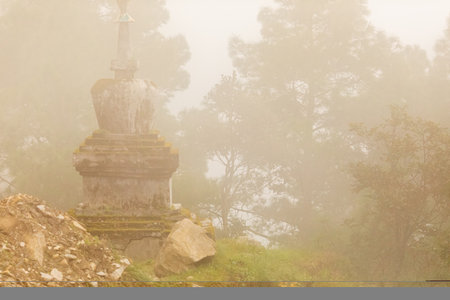 Traditional Nepalese stupa in the mountainsの写真素材