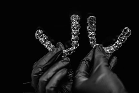 Invisible dental teeth brackets tooth aligners on black Plastic braces dentistry retainersの写真素材