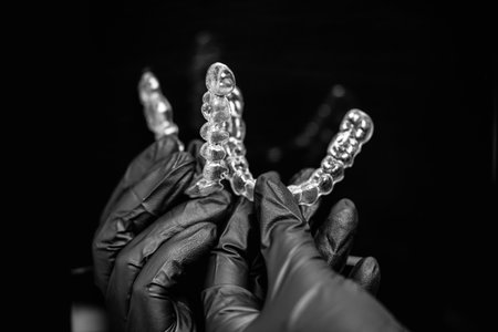 Invisible dental teeth brackets tooth aligners on black Plastic braces dentistry retainersの写真素材