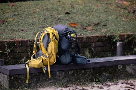 Two hiking backpacks lie on a bench during a nature trip.の写真素材
