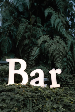 A sign with white letters Bar in the middle of greenery,luring visitorの写真素材