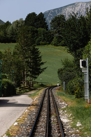 Rails and a railway in the Alps.の写真素材