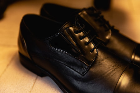Elegant leather shoes - details of wedding preparations, close-upの写真素材