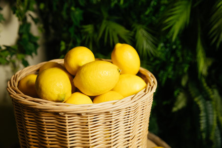 Fresh lemons in the basket.の写真素材