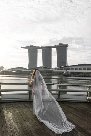The brides back with a veil against the backdrop of the city of Singapore.の写真素材