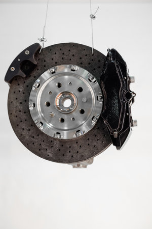 Brake discs and brake pads isolated on white background. Auto parts. Brake discの写真素材