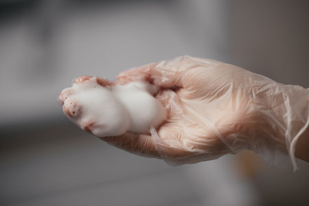 Foam on the doctors plastic glove. The cosmetologist holds facial foam in their hands.の写真素材