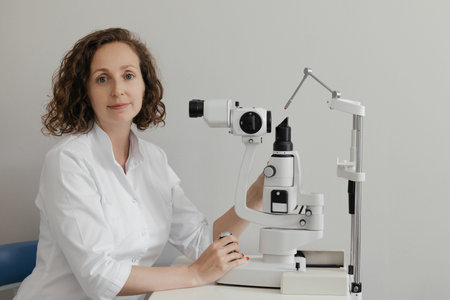Curly red haired female doctor around 40 in white coat examining and analyzing patient eyes using...