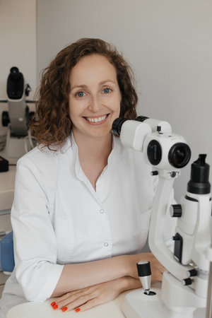 Curly red haired female doctor around 40 in white coat examining and analyzing patient eyes using ophthalmology device in clinic showcasing professional medical care and eye health evaluationの写真素材