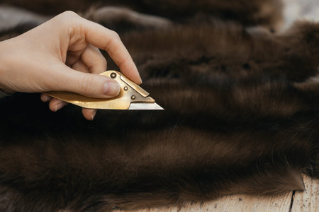 Knife for cutting fur during coat making on dark mink fur backgroundの写真素材