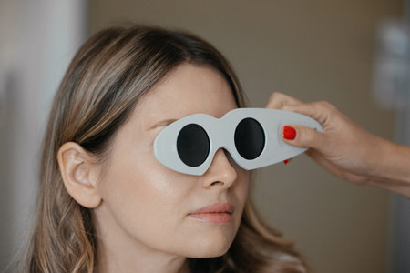 Clinician places polarization visor on female patient eyes during precise vision test focusing on...