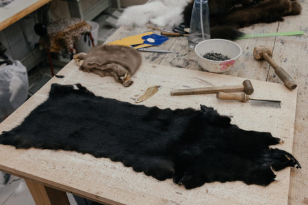 Northern culture fur workshop with mink pelt and tools