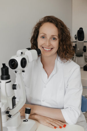 Female doctor using microscope in modern medical laboratory research setting