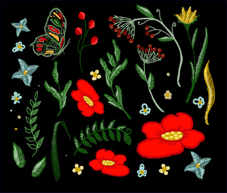 flowers embroidery vector for textile design elementsのイラスト素材