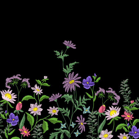 Embroidery flowers. Embroidered design elements with flowers and leaves on a black background.のイラスト素材
