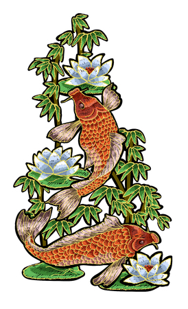 Embroidery with traditional Japanese Carp and flowers.のイラスト素材