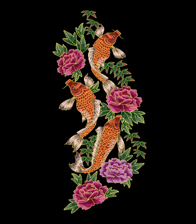 Embroidery with traditional Japanese Carp and flowers.のイラスト素材