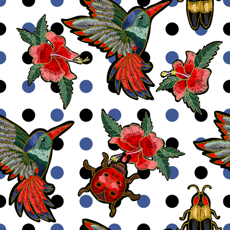 Embroidery hummingbird, hibiscus flowers, butterfly and ladybug. Vector illustration with colibri bird and flowers.のイラスト素材