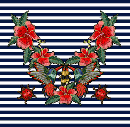 Embroidery hummingbird, hibiscus flowers, butterfly and ladybug. Vector illustration with colibri bird and flowers.のイラスト素材