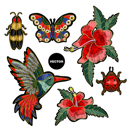 Embroidery hummingbird, hibiscus flowers, butterfly and ladybug. Vector illustration with colibri bird and flowers.のイラスト素材