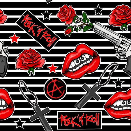 Fashion patch pattern with lips, skull,cross, rose, gun and other elements. Vector illustration. Pattern of stickers, pins, patches in rocknroll style.のイラスト素材