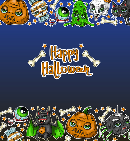 Happy Halloween message design background with pumpkins, Skull, Spider, Slime, Cat, Bat, Boneのイラスト素材