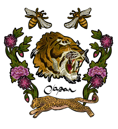 Tiger, bee and peony flowers embroidery patchesのイラスト素材