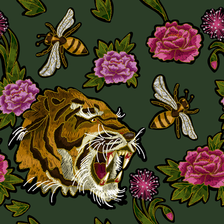 Tiger, bee and peony flowers embroidery vector illustration.のイラスト素材